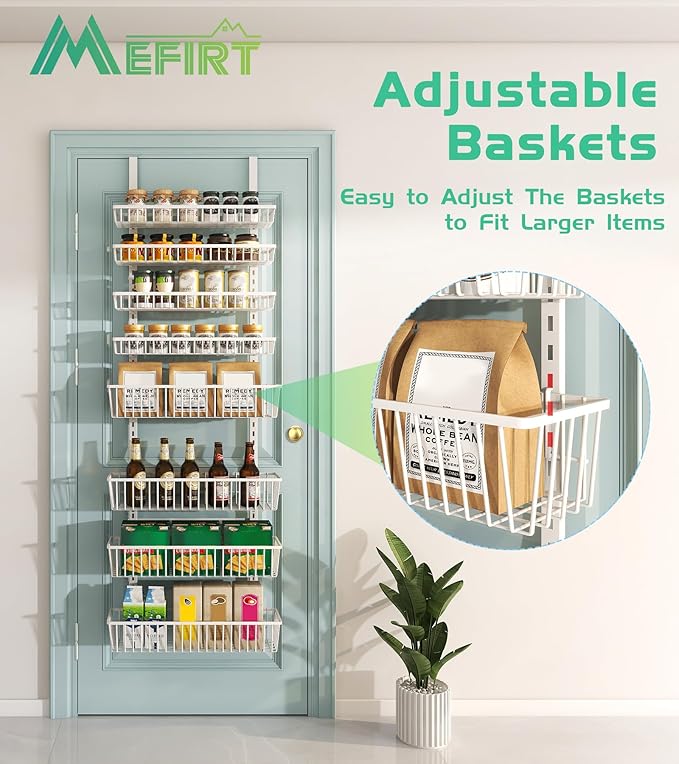 Over The Door Pantry Organizer, Pantry Organization and Storage, 8-Tier Deep Baskets Hanging Heavy-Duty Metal, Wall Spice Rack Seasoning Shelves for Home & Kitchen, Laundry Room Bathroom, White