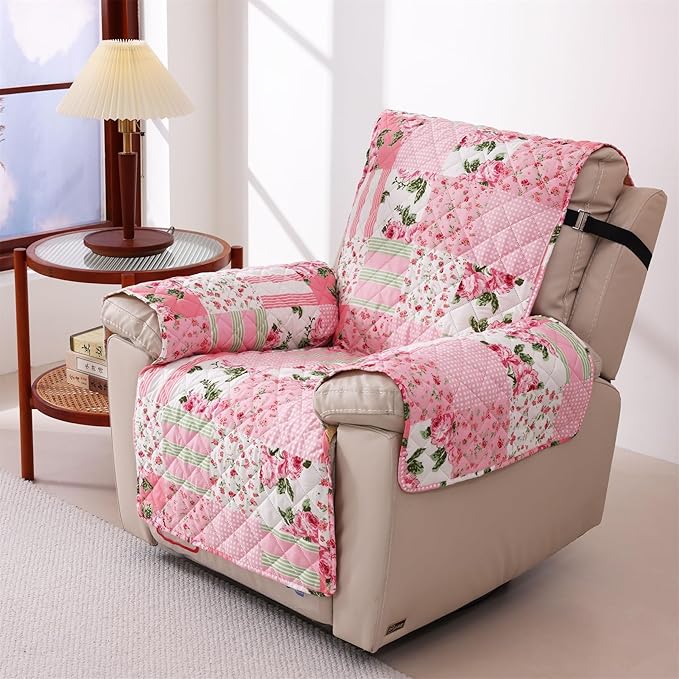 Skidproof Sofa Cover-Floral Sofa Slipcover with Elastic Straps-Easy Fit Slip Cover-Washable Furniture Protector for Pets and Kids(Recliner,Pink)