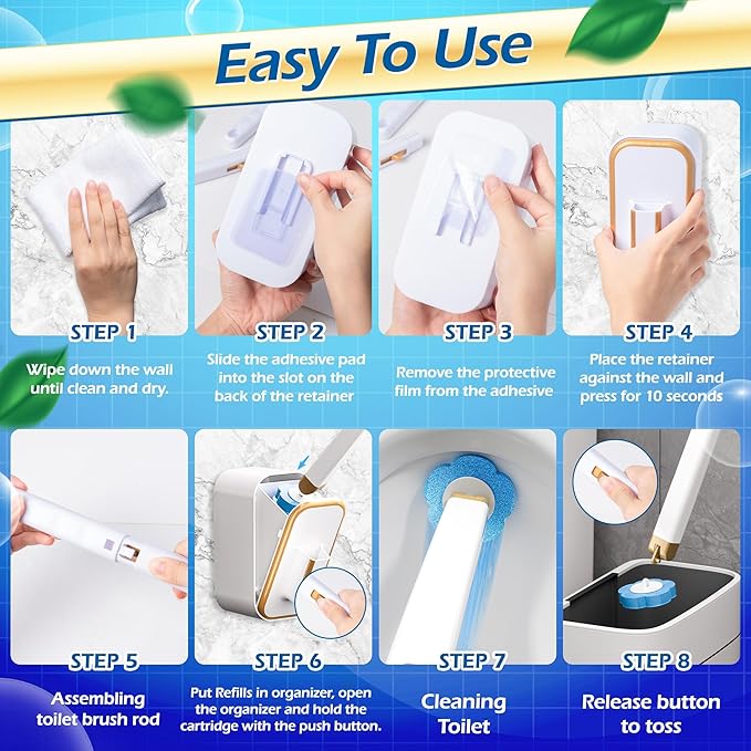 Disposable Toilet Cleaning Brush - Toilet Bowl Cleaner Wand and Holder Set with 2 Holders and 60 Refills, Wall Mounted Clean Stick Brush Heads Kit for Bathroom Bathtub Cleaning System