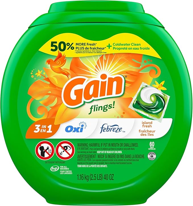 Gain Flings Laundry Detergent Pacs, 60 Count, Island Fresh Scent, with Odor Defense, concentrated laundry soap pacs