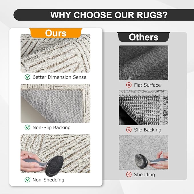 NICETOWN Cream Area Rug 5x7 for Living Room- Non slip Thin Jacquard Brown Machine Washable Rug Geometric Modern for Bedroom Large Entryway Rug with Rubberback Throw Carpet for Bedroom, white and Brown