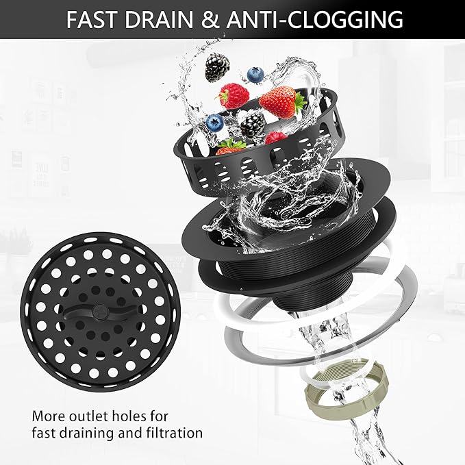 Black Sink Drain 3-1/2 Inch Kitchen Sink Drain Strainer Assembly Kit with Stainless Steel Strainer Basket and Drain Stopper for Standard Kitchen Sink Matte Black