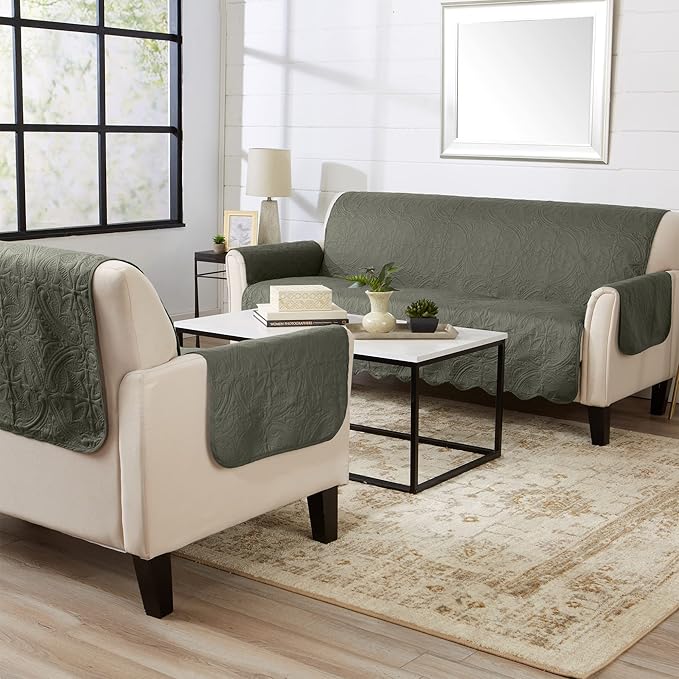 Reversible Chair Cover - Washable Slipcover Furniture Protector with Elastic Straps - Furniture Cover for Dogs, Kids, and Pets - Quilted & Stitched Detail (Chair, Sage Green / Light Gray)