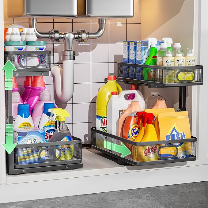 Under Sink Organizer, Height Adjustable 2 Tier Under Sink Organizers and Storage, Slide Out Metal Cabinet Organizers, Pull Out Sink Storage Drawer Shelf for Kitchen Bathroom Cabinet, Black, 2 Pack