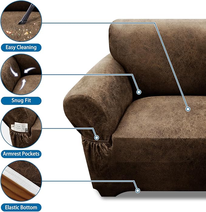 Loveseat Sofa Slipcover Leather Look Couch Covers for 2 Seater Couch Sofa 1-Piece Sofa Cover Stretch Furniture Protector with Elastic Bottom & Pockets(Loveseat, Brown)