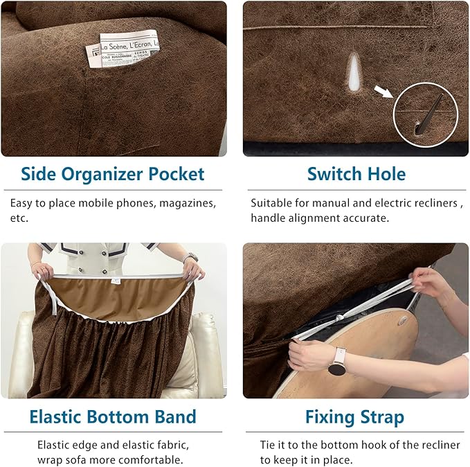 Chair Covers 4-Pieces Recliner Chair Covers 1 Seater Cover for Recliner Chair Leather Look Recliner Slipcovers with Pockets Spandex Fabric Furniture Covers(Recliner, Light Brown)