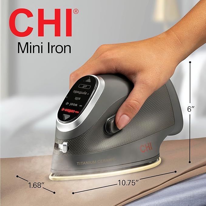 CHI Mini Steam Iron for Clothes, Sewing, Crafting and Travel with Titanium Infused Ceramic Soleplate, 1000 Watts, XL 10’ Cord, 3-Way Auto Shutoff, Portable, Vacation Essentials, Black (13120)