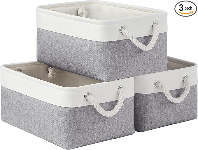 Storage Baskets for Shelves 13.8x9.8x6.7 Inch, Foldable Fabric Storage Bins with Handles, Small Storage Baskets for Organizing Closet, Office, Home Organization (3-Pack, White&Gray)