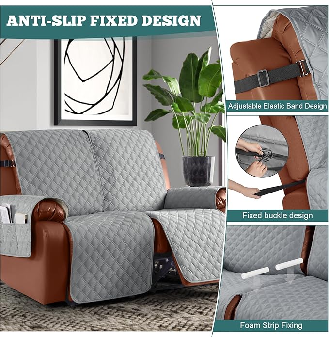 Ruaozz Waterproof Recliner Sofa Covers, 1-Piece Couch Covers for Reclining Couches Reclining Couch Cover Washable Furniture Protector with Elastic Straps Pocket for Kids Pets (Light Grey, 2 Seater)