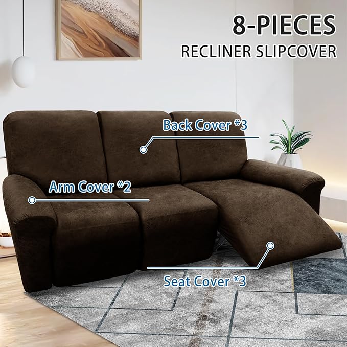 Couch Cover 8-Piece Washable Recliner Slipcovers with Pockets Spandex Fabric Covers for 3-Seater Leather Look Recliner Sofa