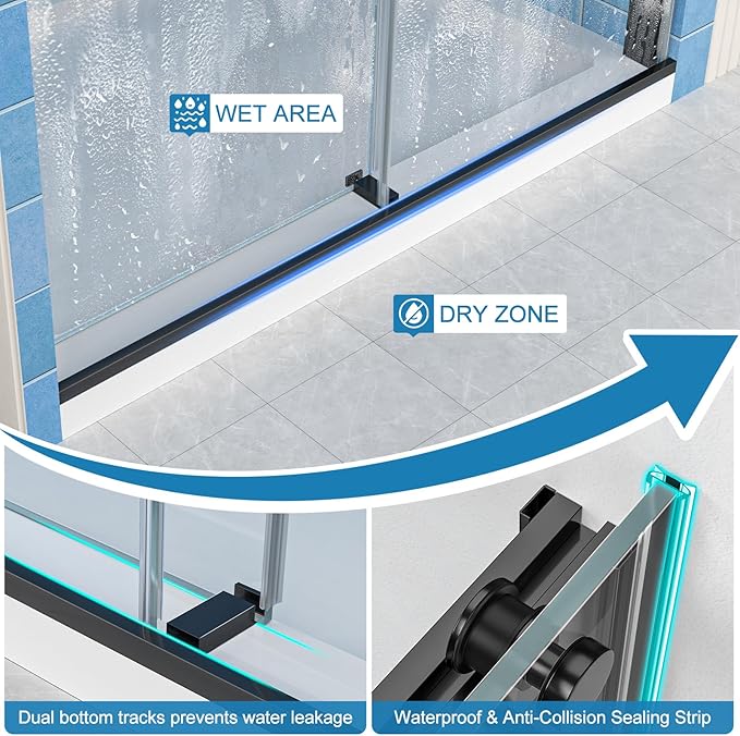 Frameless Shower Door, 56-60" W x 72" H Double Sliding Shower Doors, 1/4" (6mm) Thick Tempered Clear Glass Door with Explosion-Proof Film Nano Coating, Stainless Steel Hardware, Matte Black