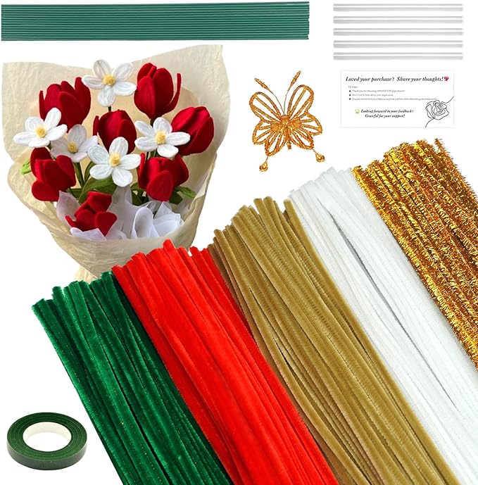 500pcs Multi-Season Pipe Cleaners Craft Kit with Flower Stem Wires & Art Tape - Valentine’s Day, Mother’s Day, Graduation & Holiday DIY Projects, 5 Colors Chenille Stems Set (7mm x12 inch)