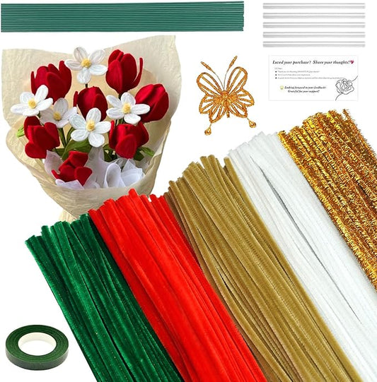 500pcs Multi-Season Pipe Cleaners Craft Kit with Flower Stem Wires & Art Tape - Valentine’s Day, Mother’s Day, Graduation & Holiday DIY Projects, 5 Colors Chenille Stems Set (7mm x12 inch)