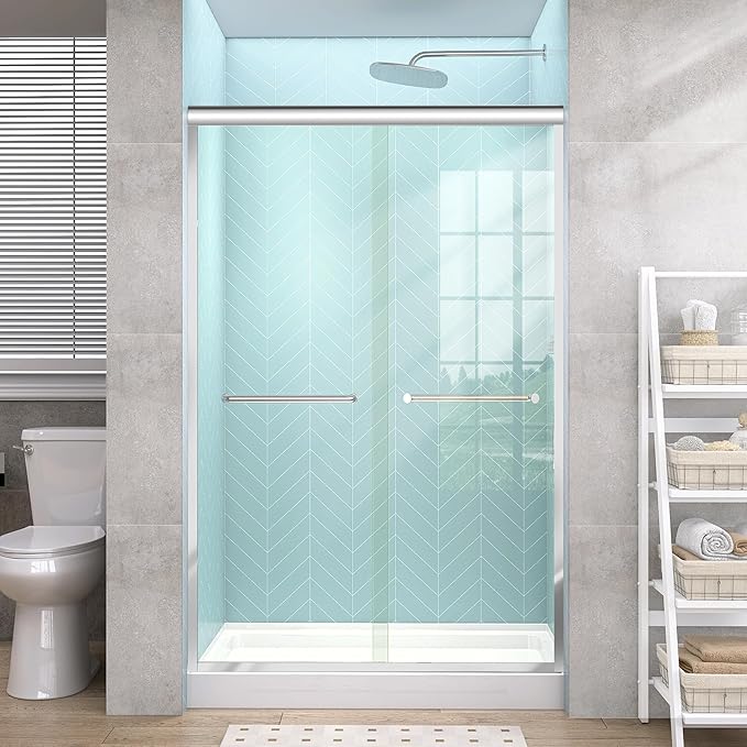 GETPRO Sliding Shower Door 44-48 in. W x 72 in. H Semi-Frameless Bypasss Double Sliding Glass Shower Doors,1/4 inch Clear Tempered Glass Door for Walk-in Shower Chrome