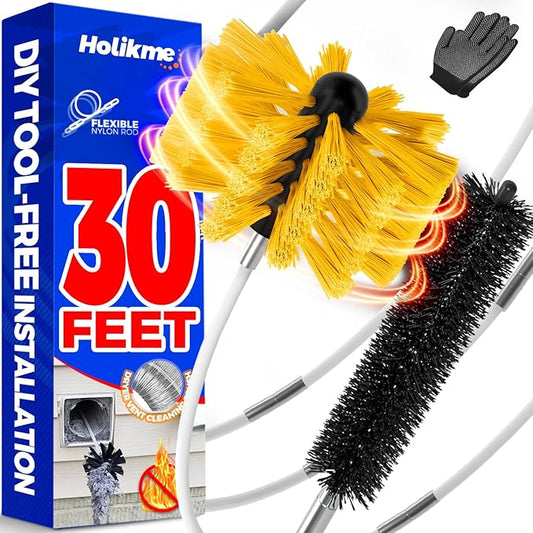 Holikme 30 Feet Dryer Vent Cleaner Kit,Flexible Lint Brush with Drill Attachment, Extends Up to 30 Feet for Easy Cleaning, Synthetic Brush Head, Use with or Without a Power Drill, Yellow