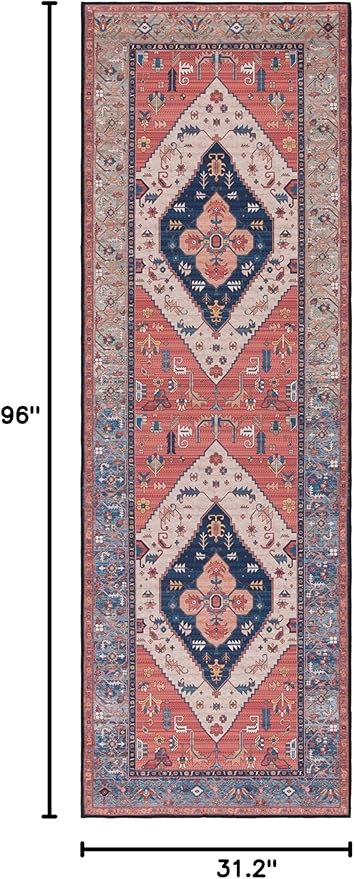 SAFAVIEH Washable Rug Tucson Collection - 2'6' x 8' Runner, Rust & Blue, Slip Resistant & Easy to Clean, Ideal for Hallway, Foyer, Entryway, Bedroom (TSN153P)