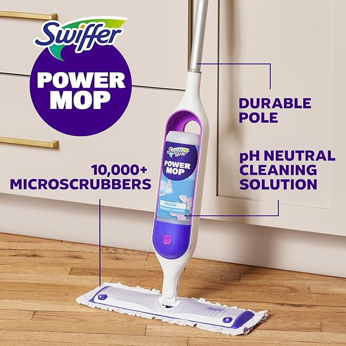 Swiffer PowerMop Multi-Surface Mop Kit for Floor Cleaning, Fresh Scent, Mopping Kit Includes PowerMop, 2 Mopping Pad Refills, 1 Floor Cleaning Solution with Fresh Scent and 2 Batteries