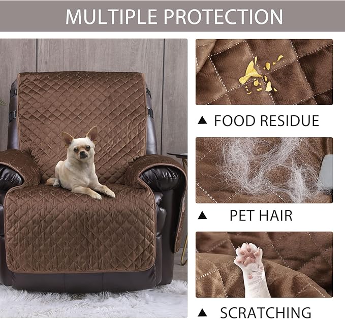 Velvet Recliner Covers Non Slip Waterproof Large Recliner Chair Covers for Leather Chairs Reversible Recliner Sofa Cover for Living Room Recliner Furniture Protectors Covers for Dog Pets Brown 28"