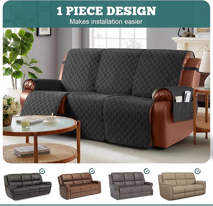 Ruaozz Waterproof Recliner Couch Covers 1-Piece Sofa Covers Washable Recliner Covers Non-Slip Furniture Protector with Elastic Straps Pocket for Kids Pets(Black, 3 Seater)