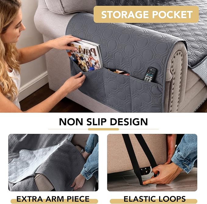 H.VERSAILTEX 100% Waterproof Chair Covers Armchair Triple Non-Slip Chair Covers for Living Room with Storage Pocket Washable Couch Protector for Dogs(Chair, Grey)