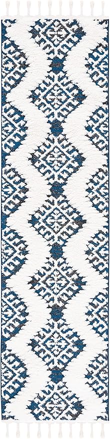 SAFAVIEH Moroccan Tassel Shag Collection Runner Rug - 2'3" x 8', Navy & Ivory, Rustic Trellis, Non-Shedding & Easy Care, 2-inch Thick Ideal for High Traffic Areas in Living Room, Bedroom (MTS652N)