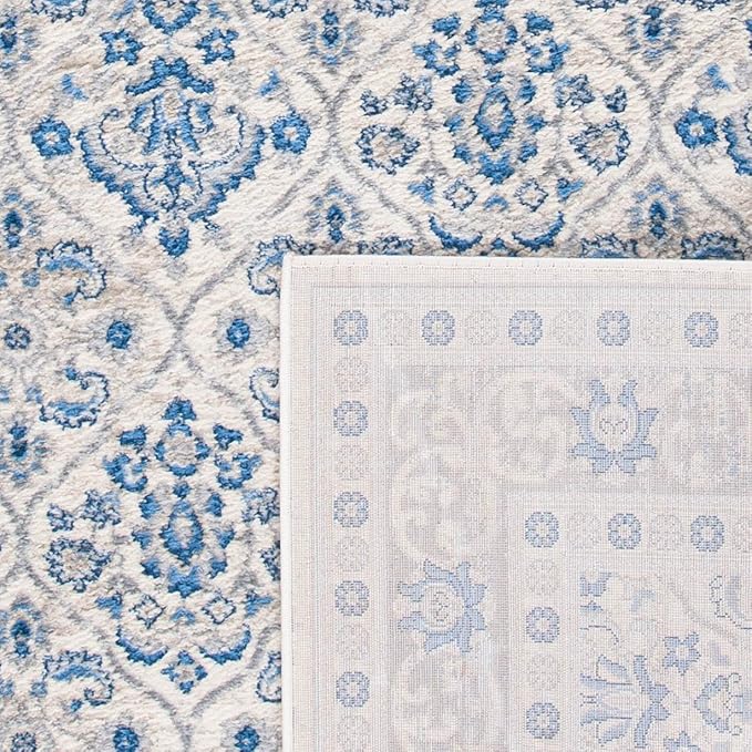SAFAVIEH Brentwood Collection Area Rug - 6'7" Round, Ivory & Blue, Oriental Damask Trellis Design, Non-Shedding & Easy Care, Ideal for High Traffic Areas in Living Room, Bedroom (BNT870A)
