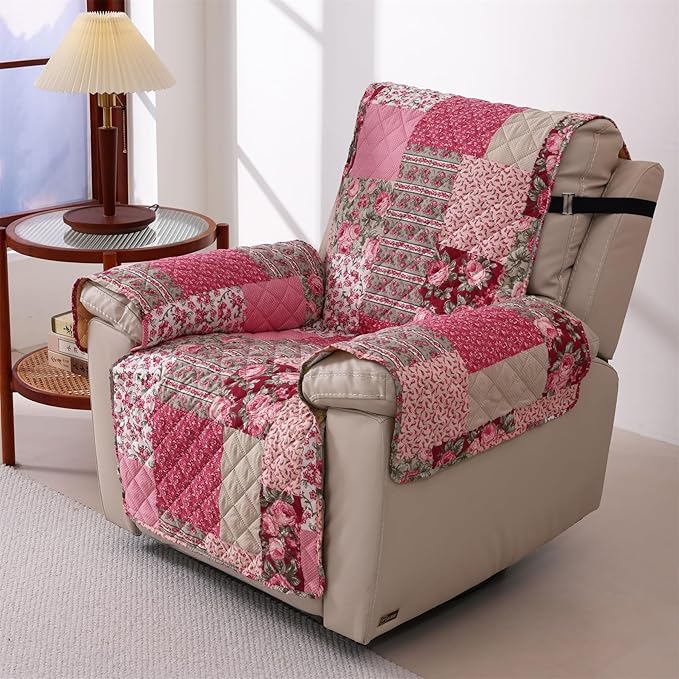 Skidproof Sofa Cover-Patchwork Sofa Slipcover with Elastic Straps-Easy Fit Slip Cover-Washable Furniture Protector for Pets and Kids(Recliner,Hot Pink)
