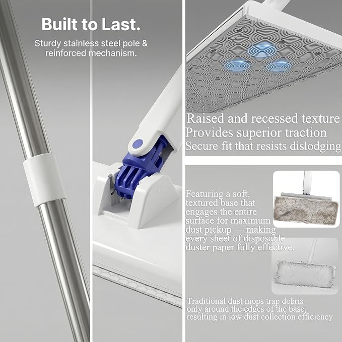 Snap Grip Mop - 49" x 10" Hands Free Floor Cleaner, Cloth Changing Sweeper for Wall and Window, Zero Touch 11-Piece Kit with 10 Disposable Dry Wipes, Dust Mop for Home