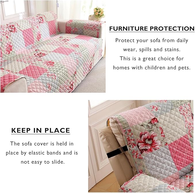 Cmfshape Skidproof Sofa Cover-Patchwork Sofa Slipcover with Elastic Straps-Easy Fit Slip Cover-Rose Washable Furniture Protector for Pets and Kids(Sofa,Pink&Grey)