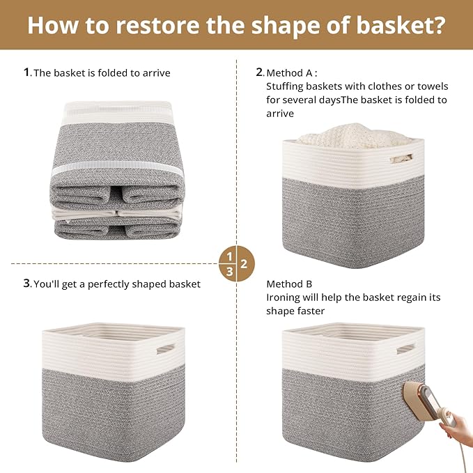 OIAHOMY 13 Kallax Inch Cube Storage Bins, 3-Pack Cotton Rope Woven Baskets for Organizing, Kallax Insert Storage Baskets for Shelves, Baby Nursery, Closet Organizer, 13 * 13 * 12.6IN, Grey & White