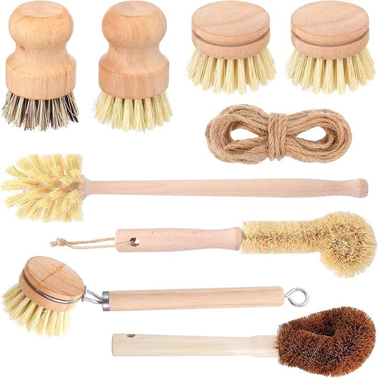 8 Pcs Bamboo Dish Brush Dish Washing Scrub Bottle Brushes Wooden Palm Pot Brush Cleaning Scrubbers with Natural Sisal Bristles Long Handle for Pots Pans, Vegetables, Household Cleaning