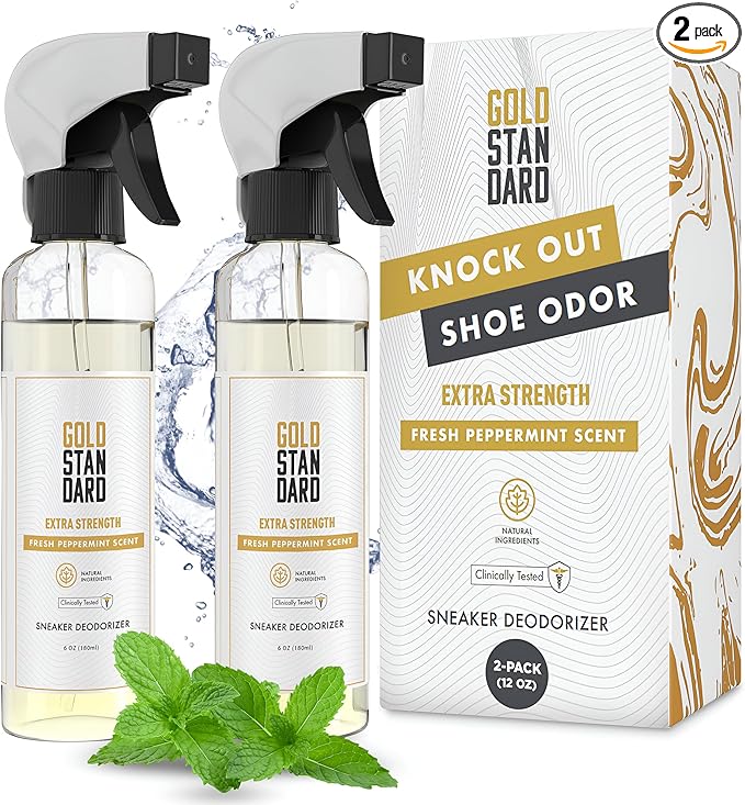 Gold Standard Natural Sneaker Deodorizer Spray, 2 Pack, 6 oz Shoe Odor Eliminator, Extra Strength & Long-Lasting Peppermint Fresh Scent, Shoe Deodorizer Spray