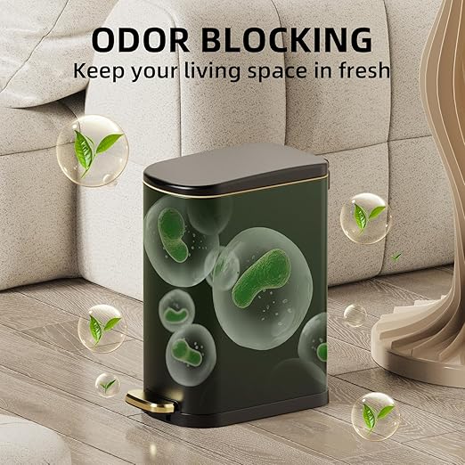 2.6 Gal Bathroom Trash Can with Soft Close Stay Open Lid, Small Rectangular 10L Stainless Steel Waste bin for Narrow Space, Waterproof, Odor Protection, Matte Black