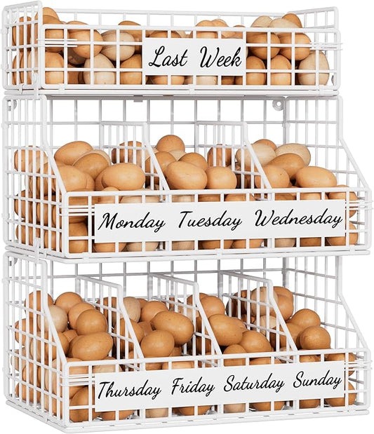 Egg Holder Countertop with 5 Dividers & Labels, 3 Tier Stackable Chicken Egg Baskets for Gathering Fresh Eggs, Egg Holder for Egg Storage, Wall-Mounted, White