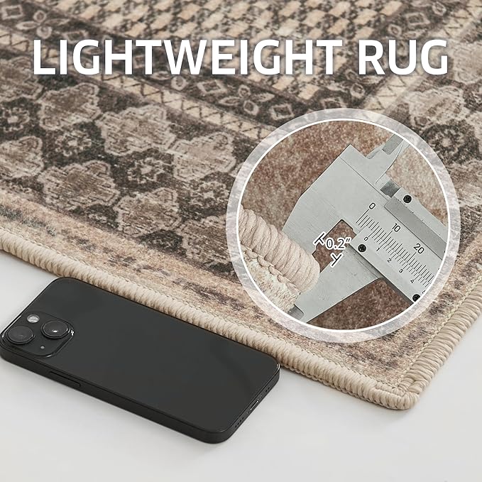 NICETOWN 8x10 Ultra-Thin Brown Oriental Rug for Bedroom, Tumble Washable Area Rugs 8x10, Boho Non-Slip Vintage Living Room Rugs, Oriental Carpet Entrance for Kitchen, Laundry, Bathroom, Bedroom