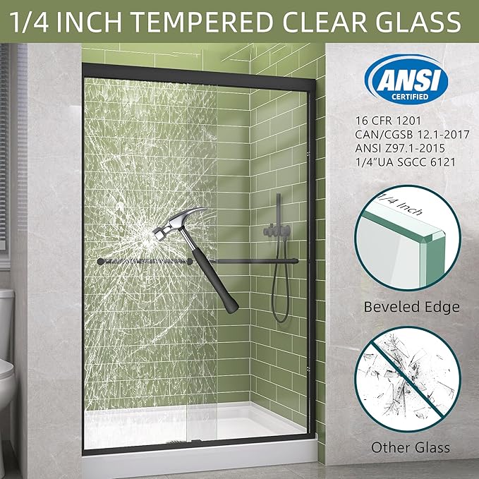 GETPRO Shower Door Double Sliding 57-60 in. W x 72 in. H Semi-Frameless Bypasss Bathroom Glass Shower Sliding Doors,1/4 inch Clear Tempered Glass Door for Walk-in Shower Matte Black