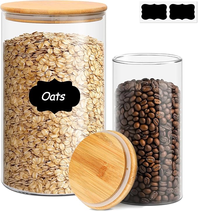 ComSaf Glass Food Storage Containers with Bamboo Lid (4.2Qt/1.5Qt), Glass Jar with Airtight Lid Clear Glass Food Canister Set of 2 for Dry food like Rice, Sugar, Flour, Pasta, Cereal, Beans, Nuts