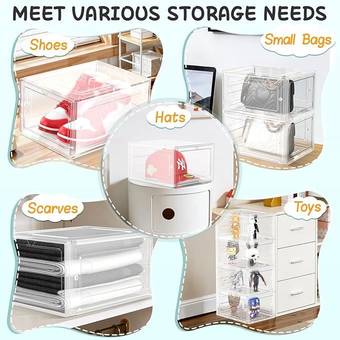 6 Pack Hat Organizer Box, Stackable Clear Baseball Caps Holder Box Containers with Magnetic Door for Hats Snapback Cap Storag, Hat Rack Display Case, Holds 8 Hats Each (Clear)