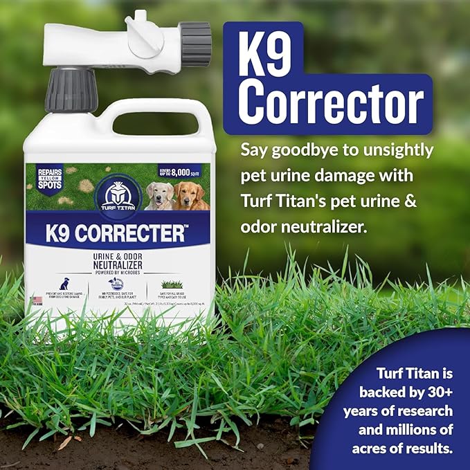 Turf Titan K9 Correcter w/Hose End– Dog Urine Neutralizer for Lawn (32 oz) – Urine Neutralizer For Dogs to Revive your Grass – Lawn Care Solution for Green, Odor-Free Grass – Covers Up to 8,000 Sq Ft