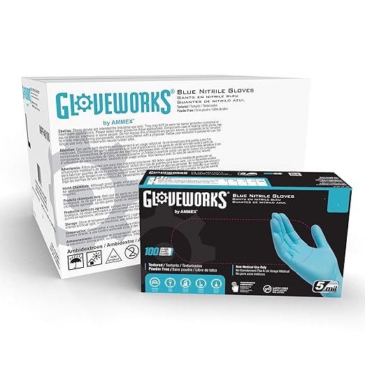 GLOVEWORKS Blue Disposable Nitrile Industrial Gloves, 5 Mil, Latex & Powder-Free, Food-Safe, Textured, X-Large, Case of 1000