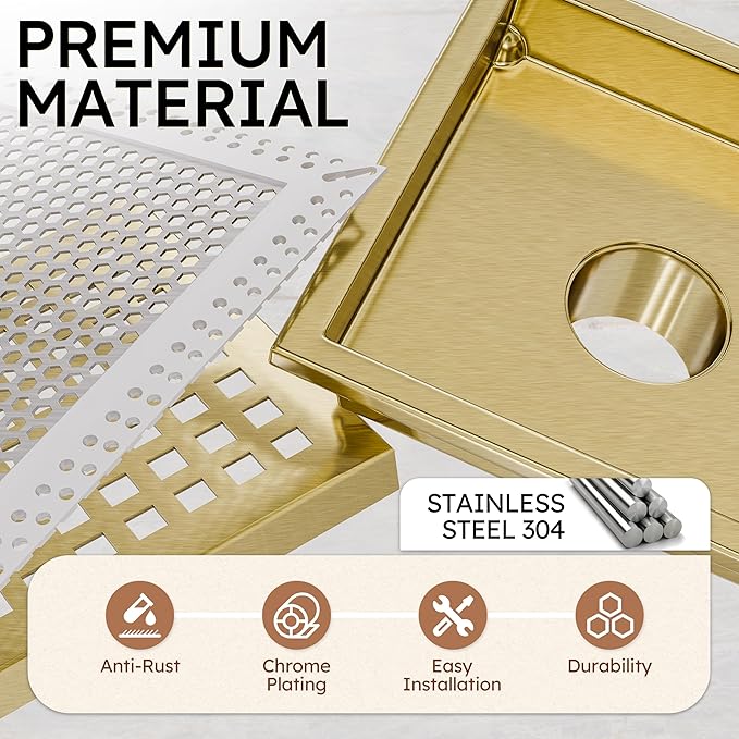 6 Inch Square Gold Shower Drain with Flange,Modern Floor Drain with Quadrato Pattern Grate Removable,SUS 304 Stainless Steel