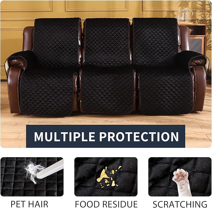 LUFEIJIASHI Non Slip Recliner Couch Covers for 3 Cushion Couch Sofa Reclining, Waterproof Recliner Sofa Covers 3 Seat, Velvet Reclining Couch Covers for Furniture Protector for Dogs Pets Black