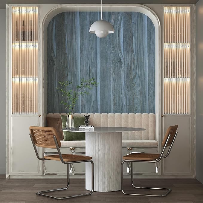 BOMENG Blue Wood Wallpaper Stick and Peel Peacock Wood Grain Contact Paper for Cabinets Wood Look Wallpaper with Air Guide Slot Design 16x197inch Wood Vinyl Wrap Waterproof Countertop Contact Paper