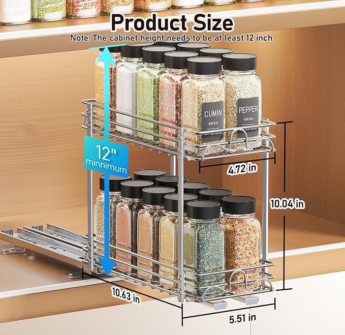 2 Tier Pull Out Spice Rack Organizer for Cabinet，Heavy-Duty Slide Rails with Raised Base Pull Out Spice Drawer Organizer, Fits Pantry & Kitchen Cabinets, 5.5''Wx10.63''Dx10.04''H