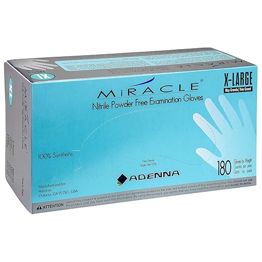 Adenna Miracle 4 mil Powder-Free Nitrile Exam Gloves, Medical Grade, Blue, X-Large, Box of 180