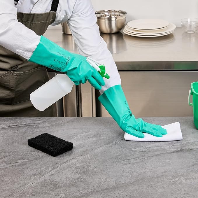 Restaurantware-Clean Tek Professional 15 Mil Medium Cleaning Gloves, 1 Pair Of Long Cuff Gloves - Flock Lining, No-Powder, Green Nitrile Chemical Tolerant Gloves, No-Latex, Heavy-Duty Tasks