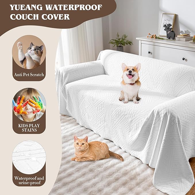 Waterproof Couch Cover for Sofa, Reversible Sofa Slipcovers for Dogs and Cats, Pet-Friendly, Anti-Slip and Washable, with 3 Cushions (71×134in, White)