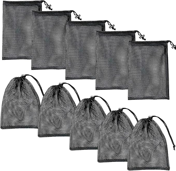 10Pcs 8X12inch Black Nylon Mesh Drawstring Bags with Cord Lock Closure, Multipurpose Mesh Bags Storage Gym Bag for Washing Machine,Balls, Beach, Laundry, Golf Stuff Balls