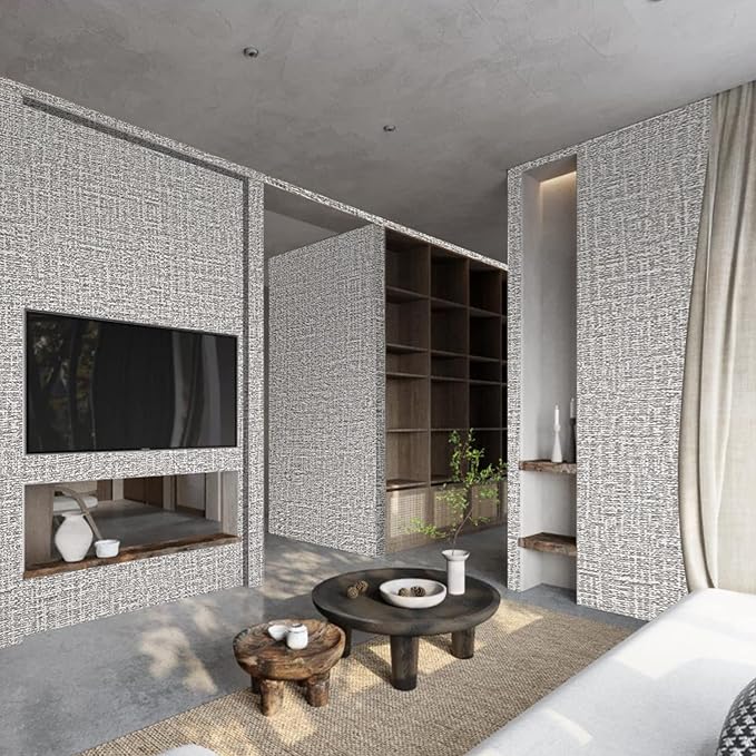 Peel and Stick Wallpaper Grey Grass Cloth Wall Paper - 15.7 x 200 Inch Self Adhesive Wallpaper Peel and Stick, Easy to Paste Wall Contact Paper for Stand Liner, Table and Door Makeover Decor