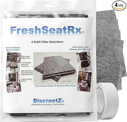 FreshSeatRx 4-Refill Filters fit FS-4 enclosures. Activated Charcoal, Chemical Warfare Design High Absorbency-CWDHA Activated Carbon Filter Pads. Reusable, Reset with Low Heat for Weeks of use. FR-4
